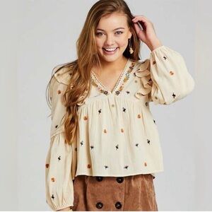 Altar'd State Cream Blouse with Colorful Embroidery